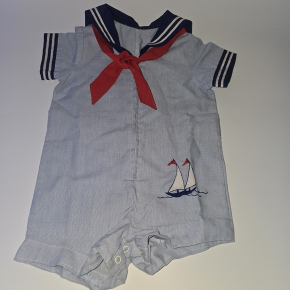 The Unbranded Brand Other - Vintage Baby Sailor Marine Boat Nautical One Piece‎ Suit 6/9 Mos Sailboat